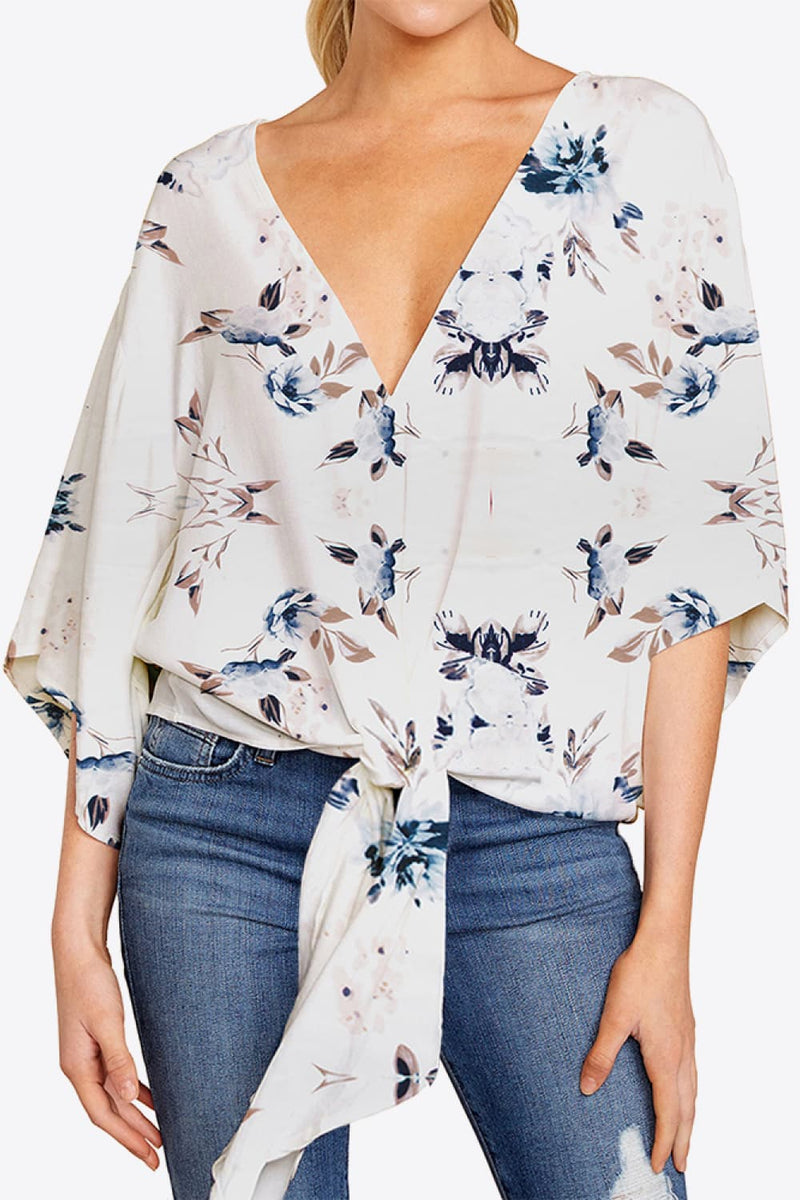 Printed Deep V Tie Hem Blouse - AnnieMae21