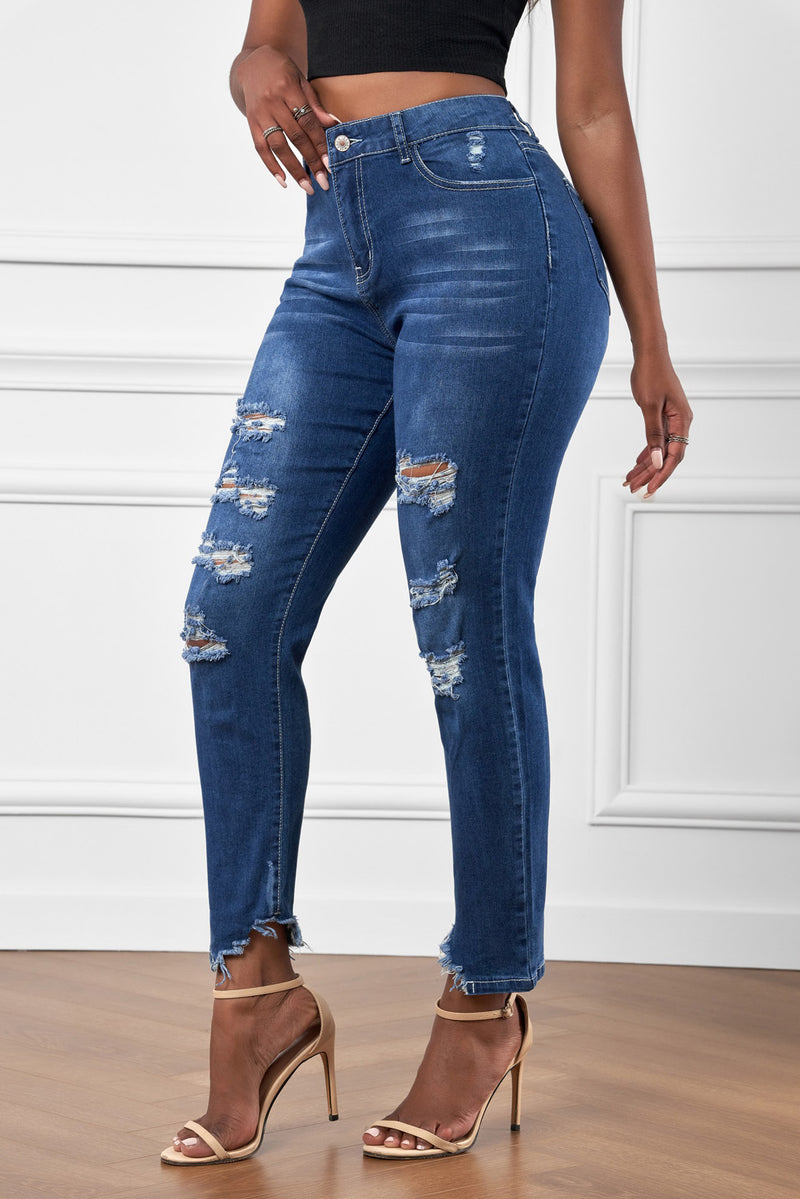 High-Rise Distressed Hem Detail Jeans - AnnieMae21