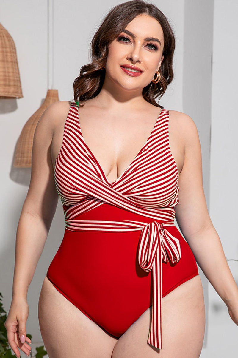 Plus Size Striped Tie-Waist One-Piece Swimsuit - AnnieMae21