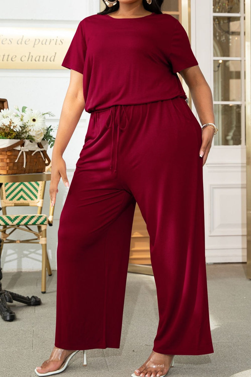 Plus Size Drawstring Waist Short Sleeve Jumpsuit - AnnieMae21