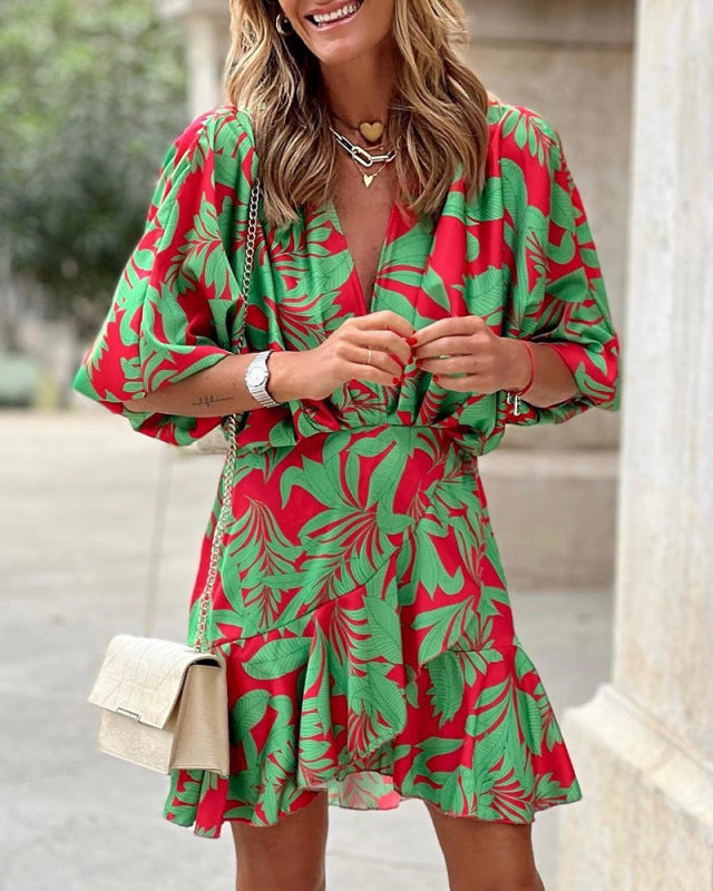 Women's Printed Deep V Puff Sleeves Elegant Lotus Leaf Dress - AnnieMae21