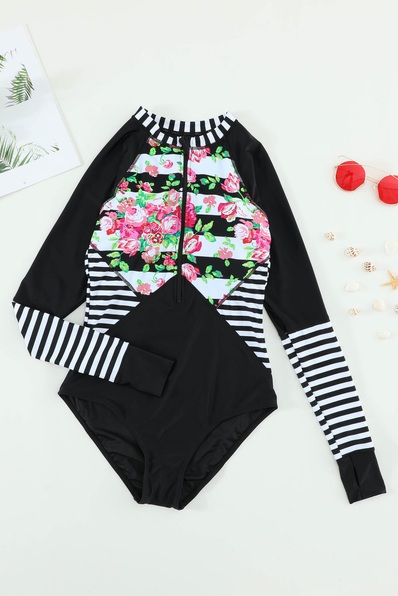 Floral Striped Patchwork Rashguard One-piece - AnnieMae21