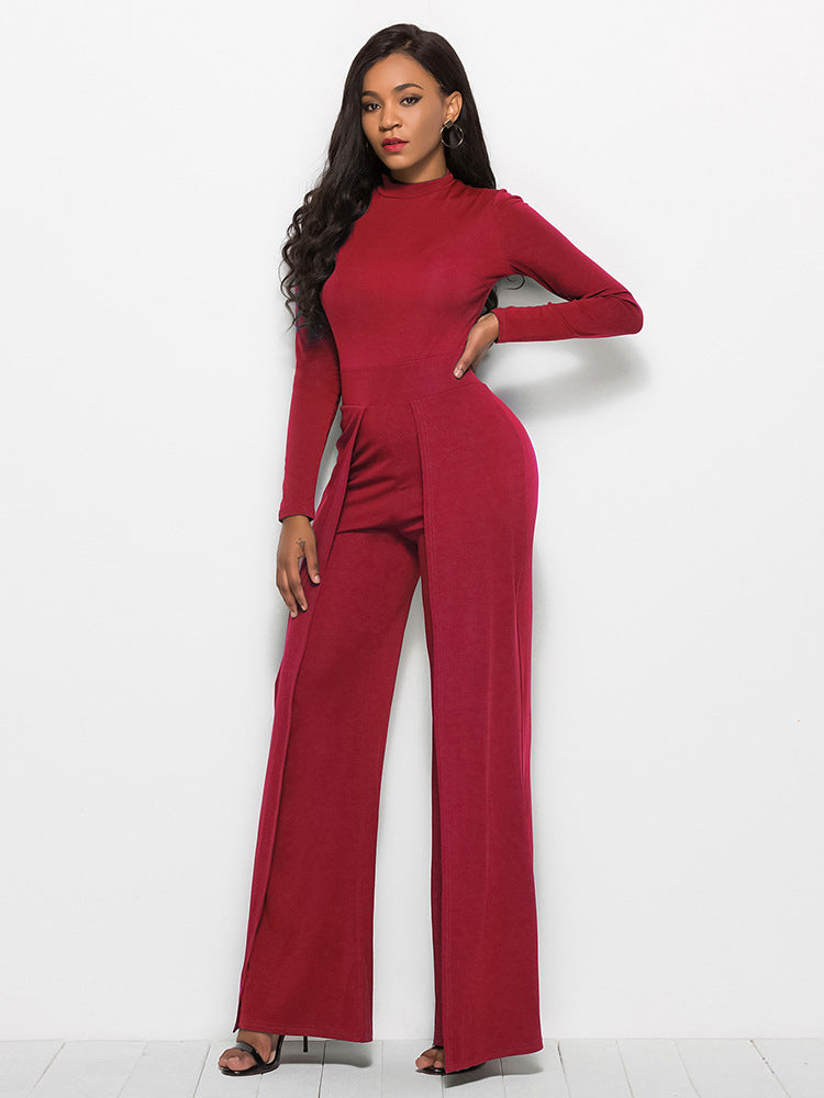 Long Sleeve Mock Neck Wide Leg Jumpsuit - AnnieMae21