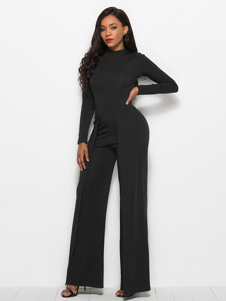 Long Sleeve Mock Neck Wide Leg Jumpsuit - AnnieMae21