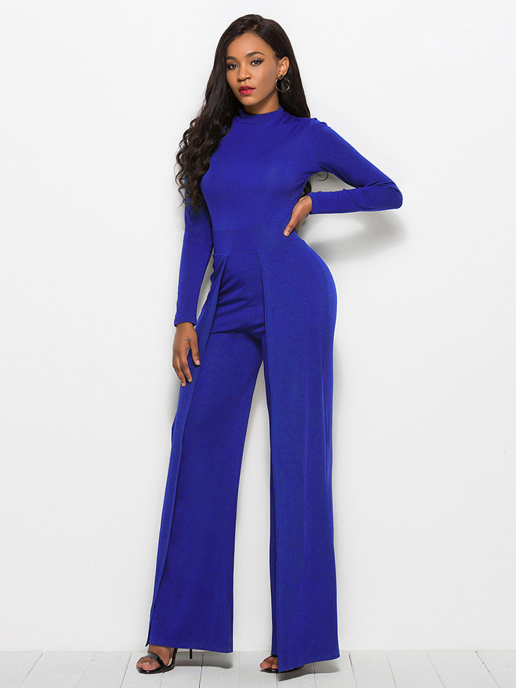 Long Sleeve Mock Neck Wide Leg Jumpsuit - AnnieMae21