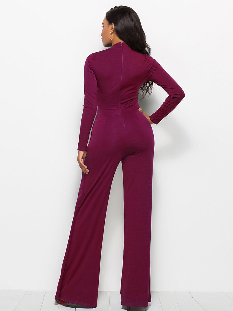 Long Sleeve Mock Neck Wide Leg Jumpsuit - AnnieMae21