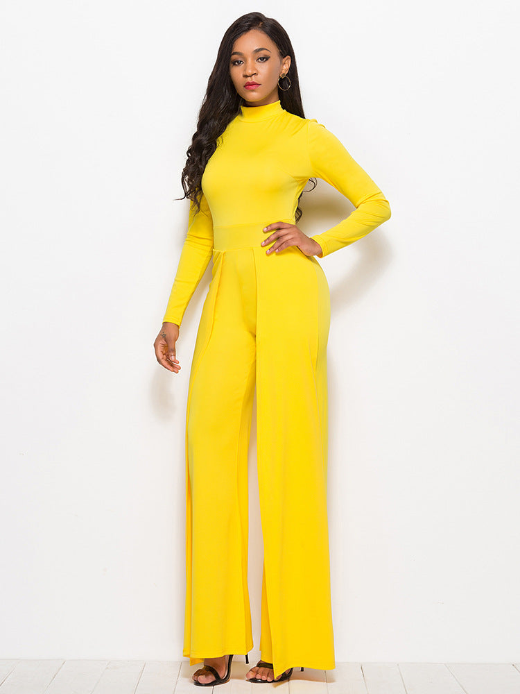 Long Sleeve Mock Neck Wide Leg Jumpsuit - AnnieMae21