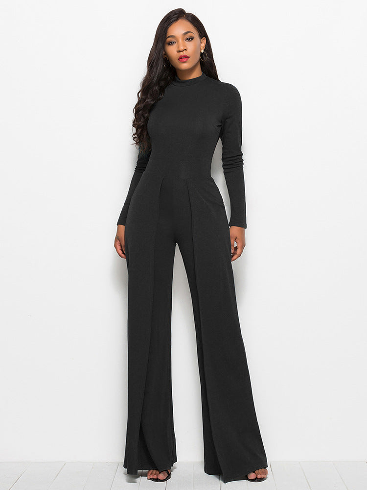 Long Sleeve Mock Neck Wide Leg Jumpsuit - AnnieMae21