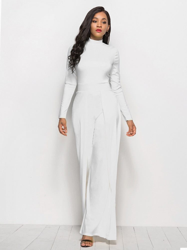 Long Sleeve Mock Neck Wide Leg Jumpsuit - AnnieMae21