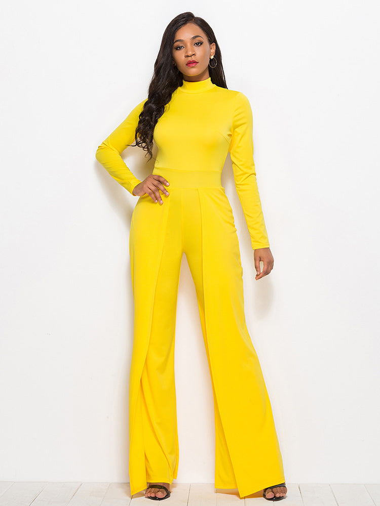 Long Sleeve Mock Neck Wide Leg Jumpsuit - AnnieMae21