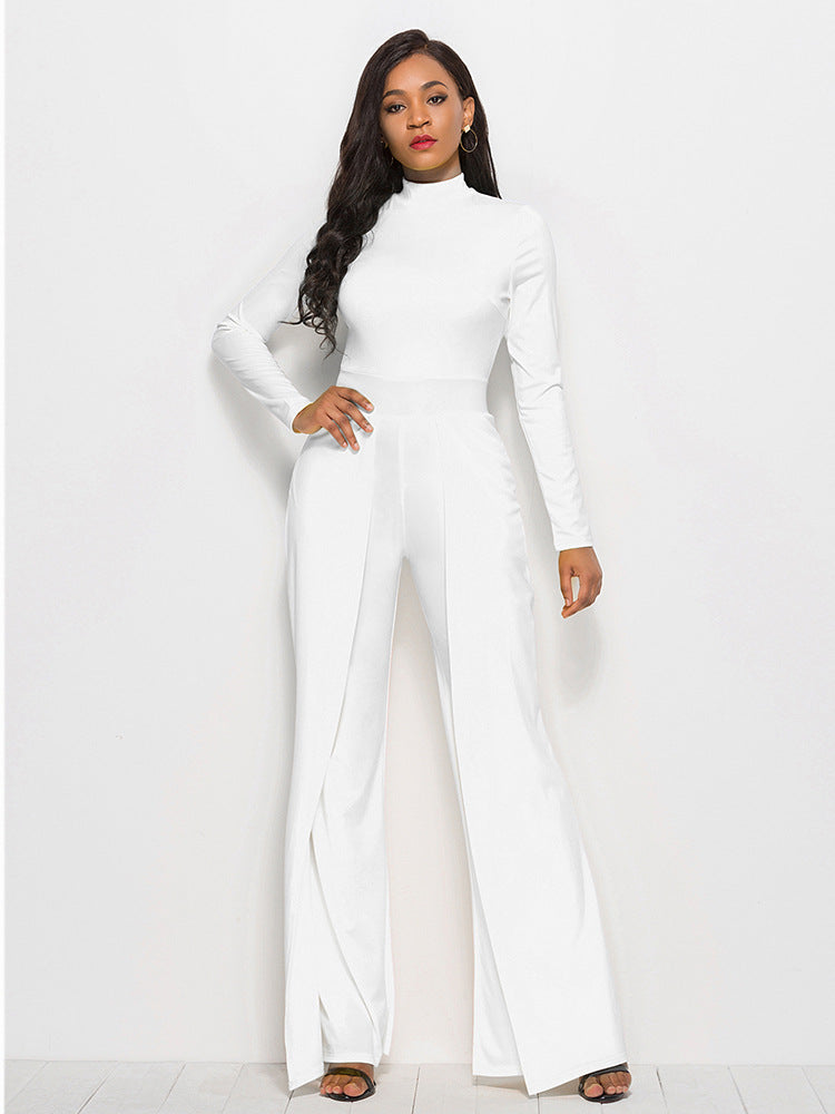 Long Sleeve Mock Neck Wide Leg Jumpsuit - AnnieMae21