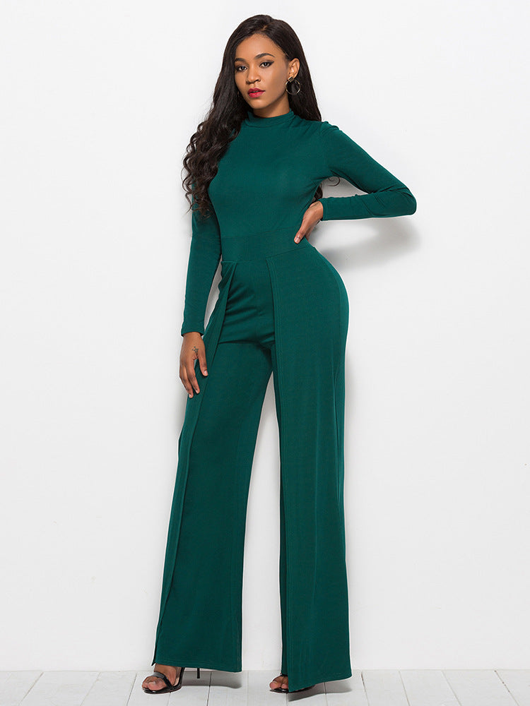 Long Sleeve Mock Neck Wide Leg Jumpsuit - AnnieMae21