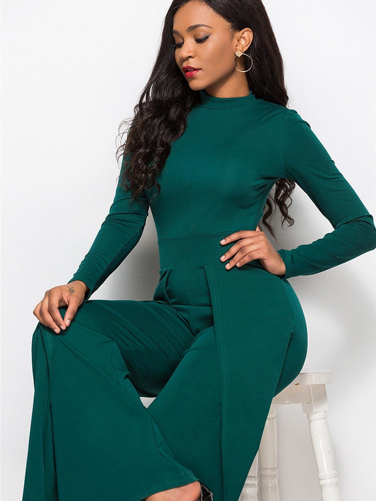 Long Sleeve Mock Neck Wide Leg Jumpsuit - AnnieMae21