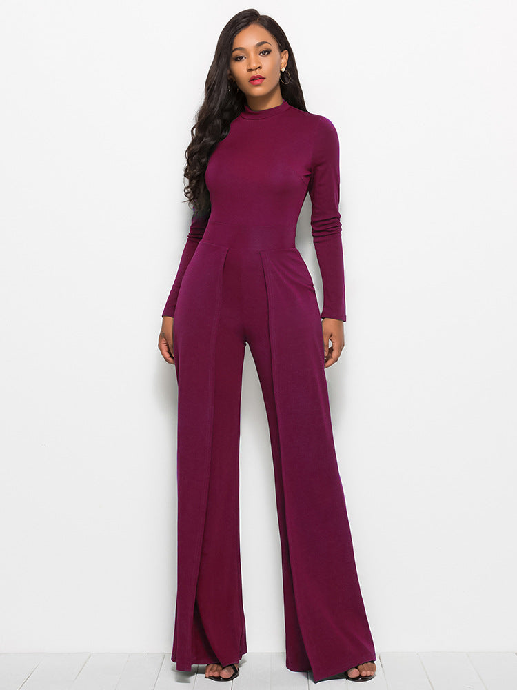 Long Sleeve Mock Neck Wide Leg Jumpsuit - AnnieMae21