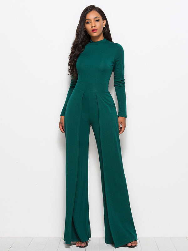 Long Sleeve Mock Neck Wide Leg Jumpsuit - AnnieMae21