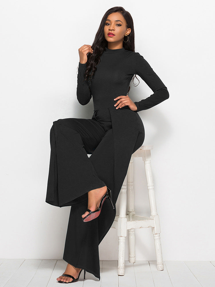 Long Sleeve Mock Neck Wide Leg Jumpsuit - AnnieMae21