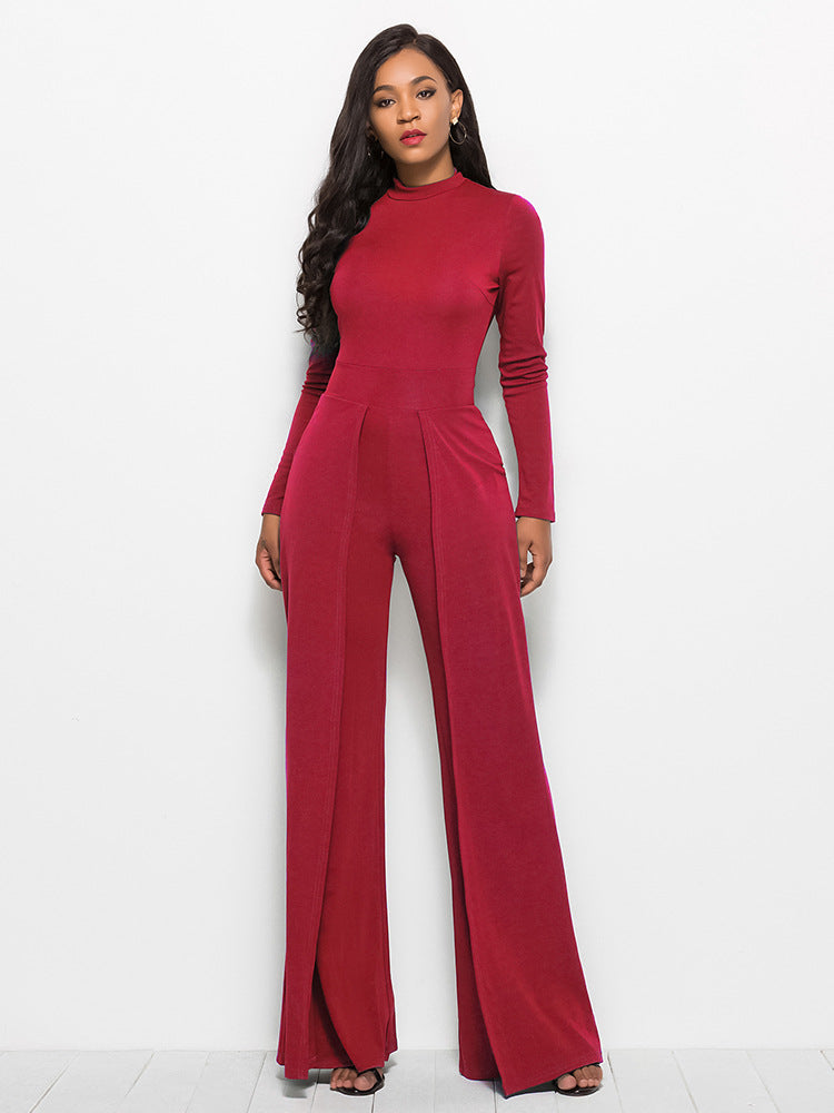 Long Sleeve Mock Neck Wide Leg Jumpsuit - AnnieMae21