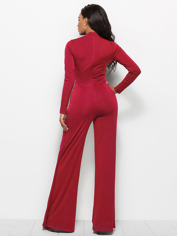 Long Sleeve Mock Neck Wide Leg Jumpsuit - AnnieMae21