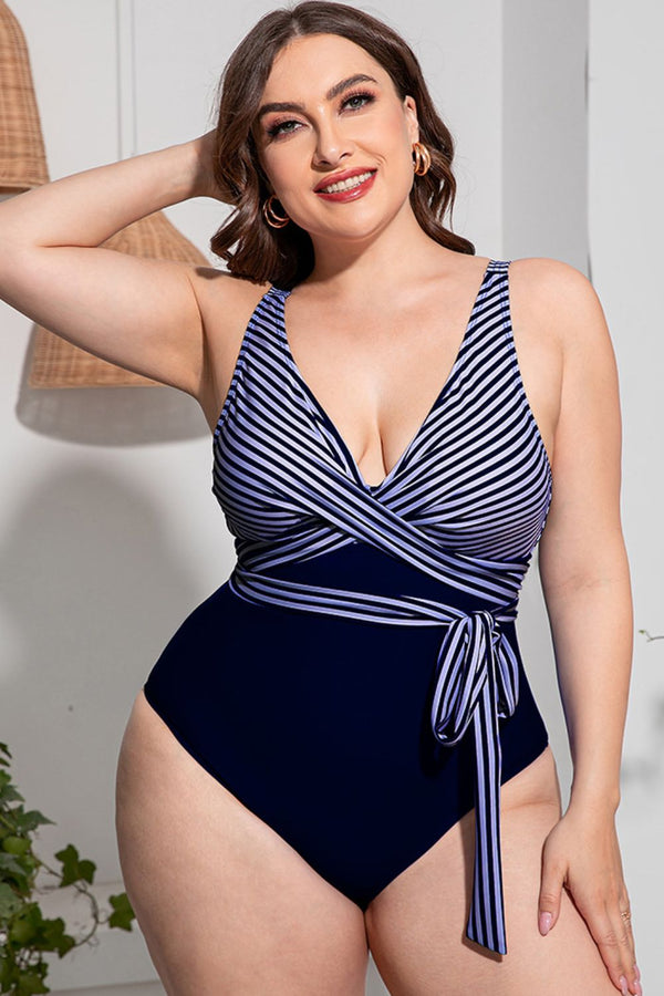 Plus Size Striped Tie-Waist One-Piece Swimsuit - AnnieMae21