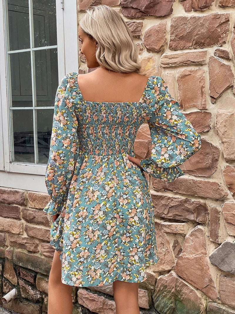 Floral Smocked Flounce Sleeve Square Neck Dress - AnnieMae21