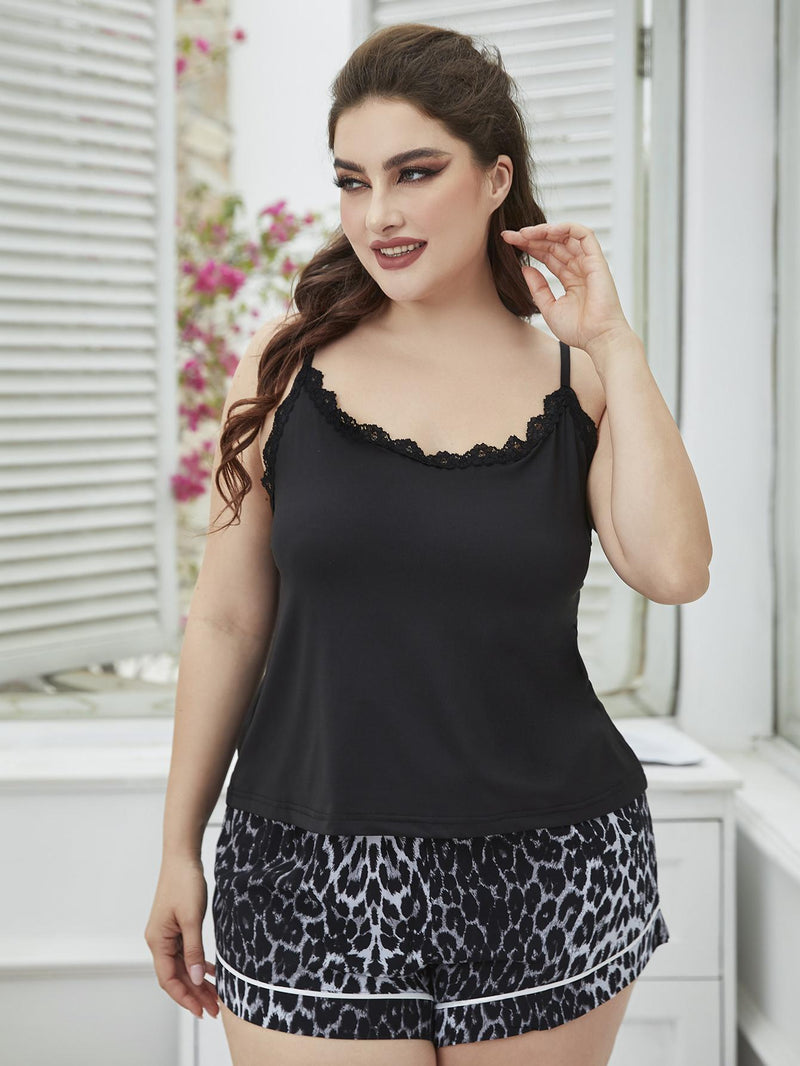 Plus Size Lace Trim Scoop Neck Cami and Printed Shorts Pajama Set - AnnieMae21