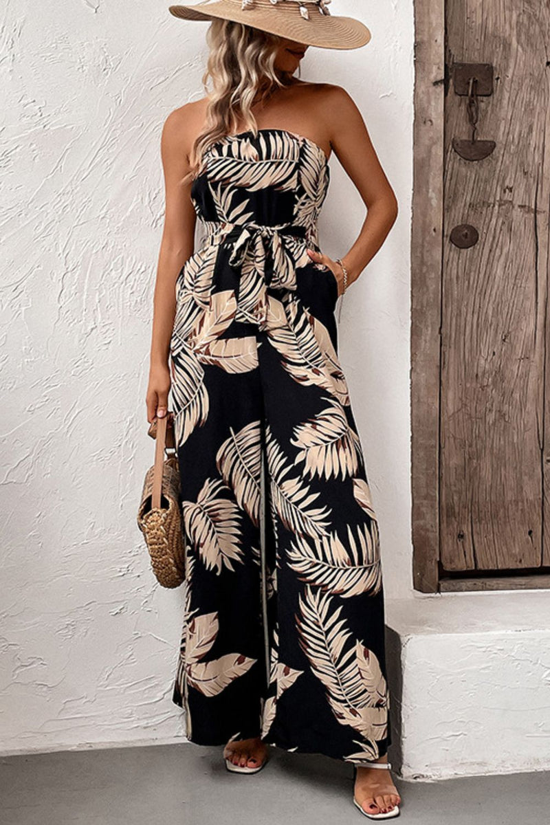 Printed Strapless Wide Leg Jumpsuit with Pockets - AnnieMae21