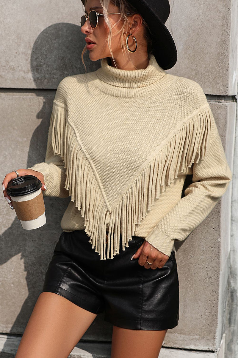 Turtle Neck Tassel Front Long Sleeve Pullover Sweater - AnnieMae21