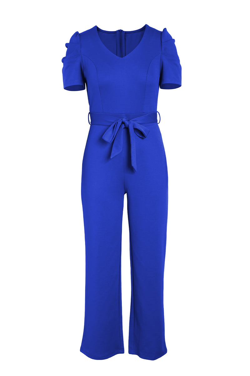 Belted Puff Sleeve V-Neck Jumpsuit - AnnieMae21