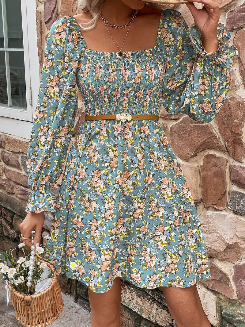 Floral Smocked Flounce Sleeve Square Neck Dress - AnnieMae21