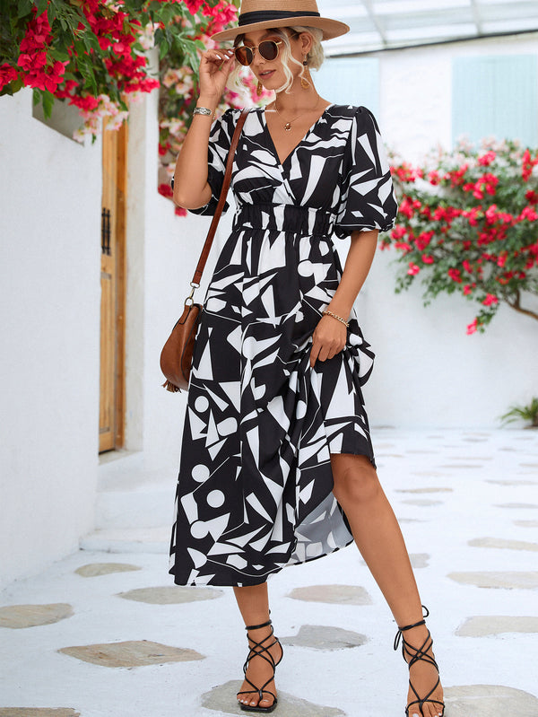 Printed Surplice Balloon Sleeve Dress - AnnieMae21