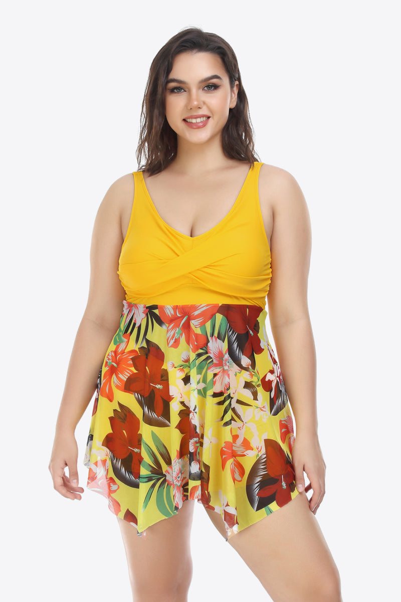 Plus Size Floral Two-Tone Asymmetrical Hem Two-Piece Swimsuit - AnnieMae21