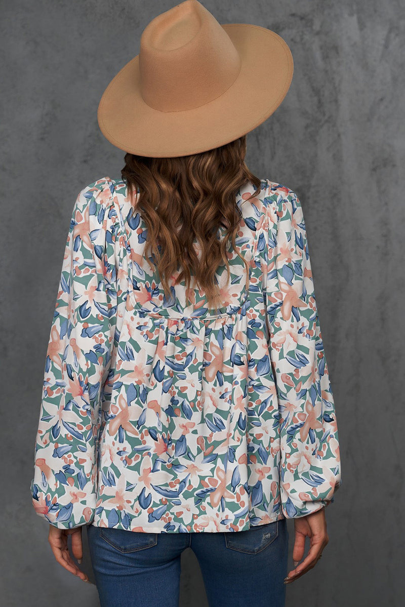 Floral Tie-Neck Long Balloon Sleeve Blouse - AnnieMae21
