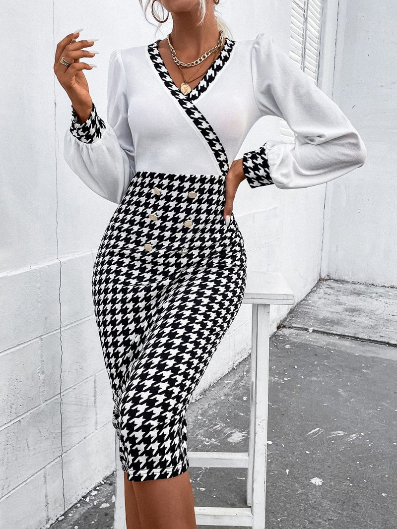 Houndstooth Long Sleeve Slit Dress - AnnieMae21