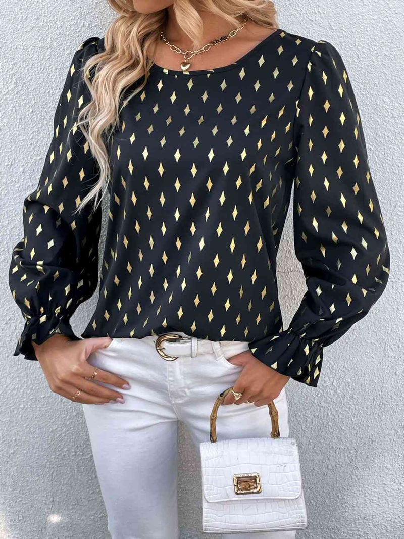 Double Take Printed Round Neck Flounce Sleeve Blouse - AnnieMae21