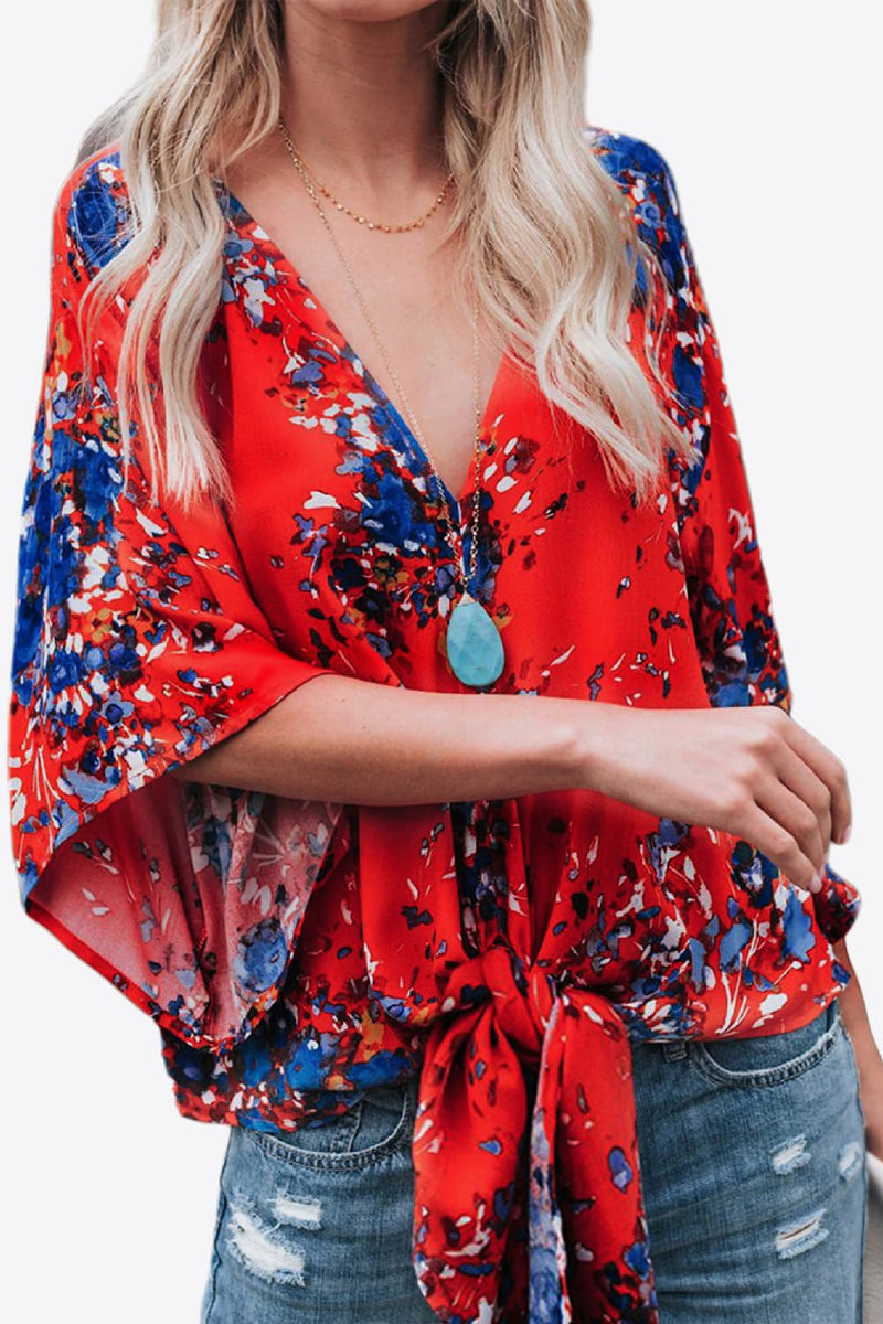 Printed Deep V Tie Hem Blouse - AnnieMae21