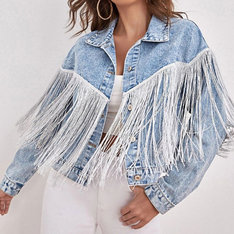 Fringe Detail Collared Neck Long Sleeve Denim Jacket - AnnieMae21