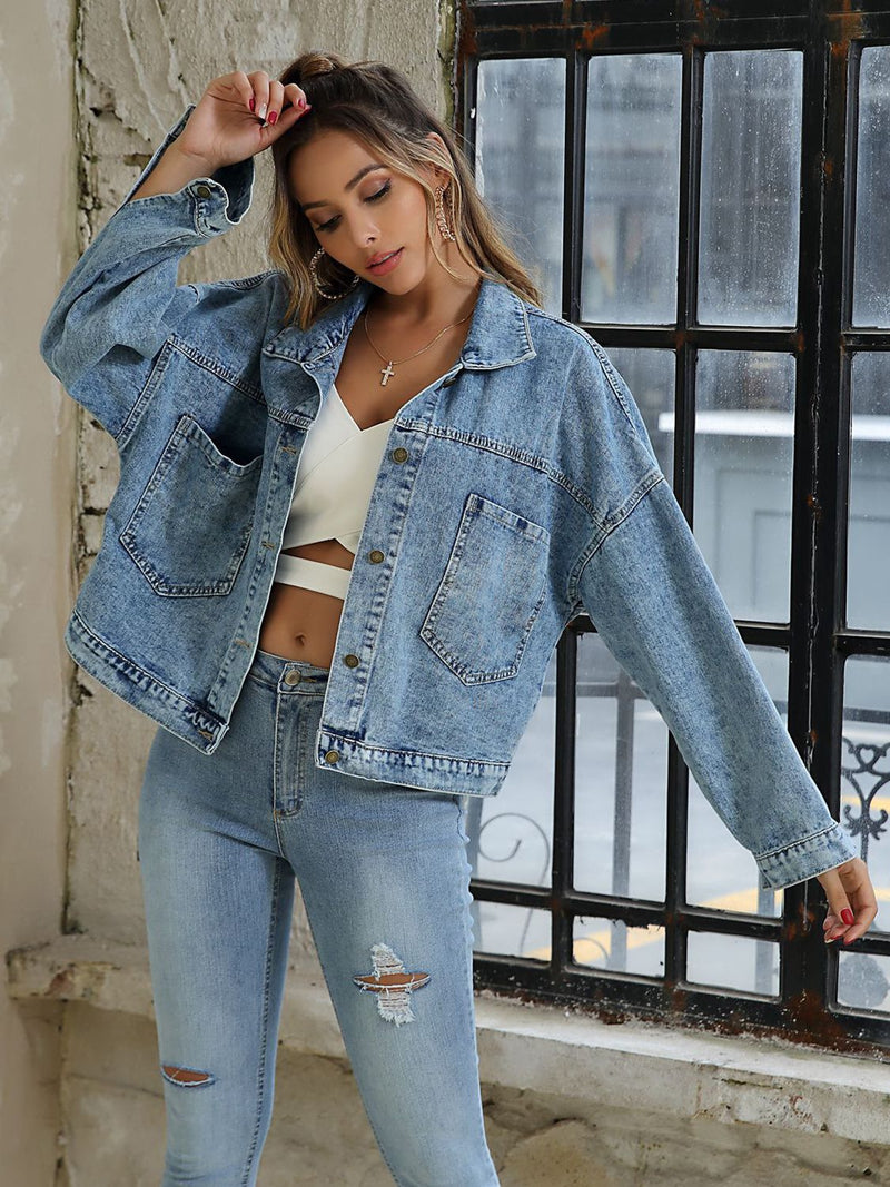 Collared Neck Dropped Shoulder Denim Jacket - AnnieMae21