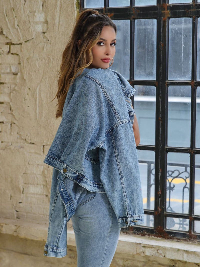 Collared Neck Dropped Shoulder Denim Jacket - AnnieMae21