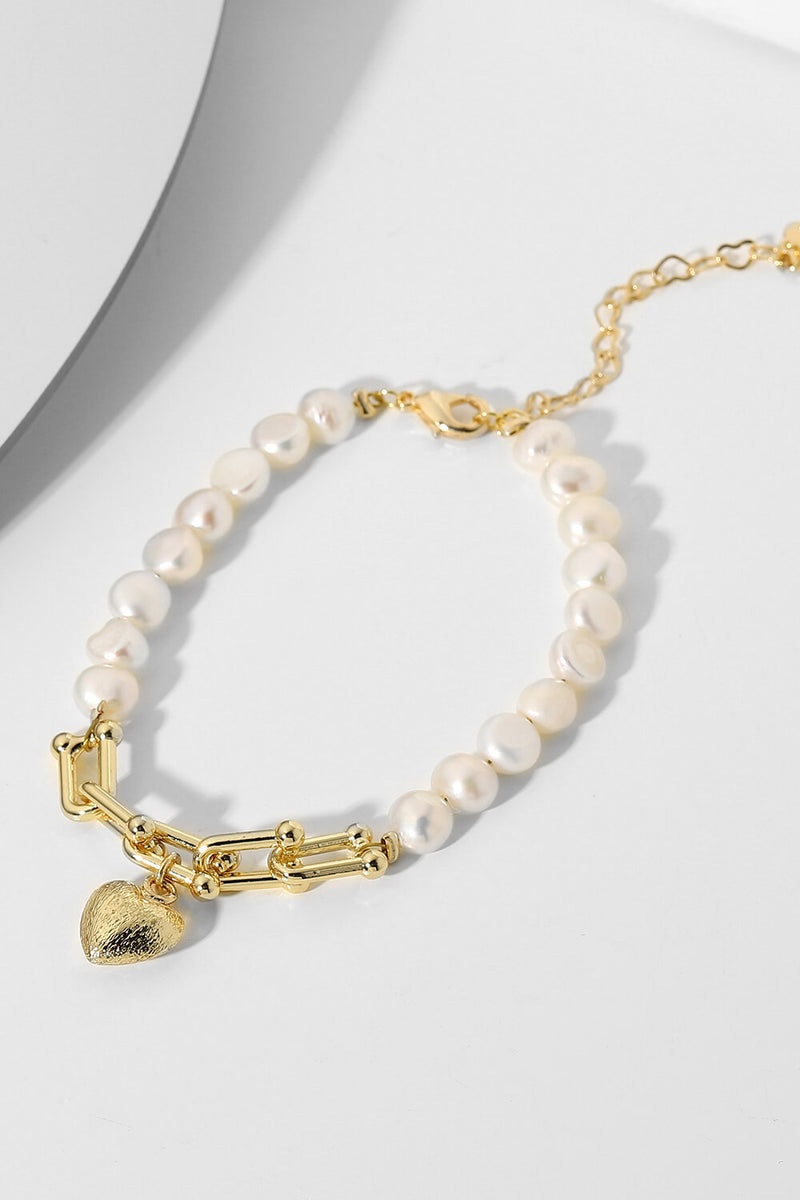 14K Gold Plated Heart Charm Pearl Bracelet - AnnieMae21