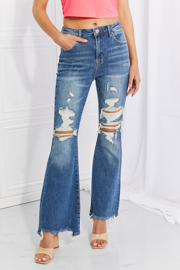 RISEN Full Size Hazel High Rise Distressed Flare Jeans - AnnieMae21