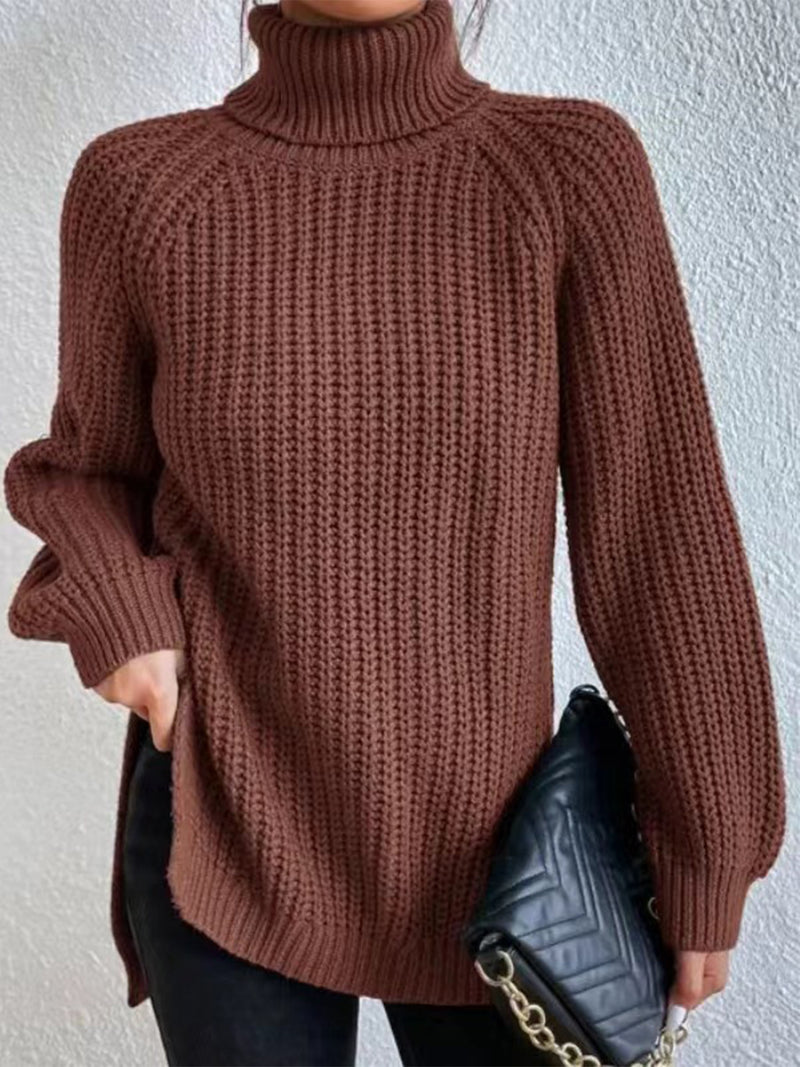 Full Size Turtleneck Rib-Knit Slit Sweater - AnnieMae21