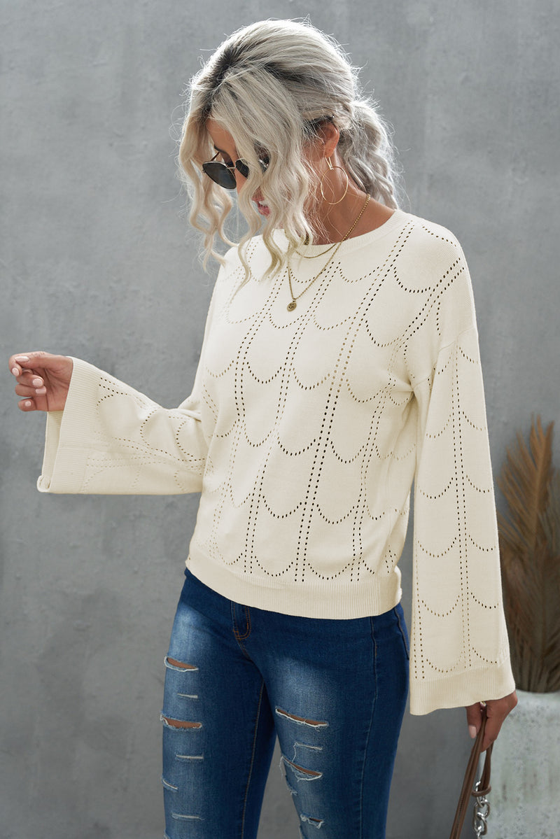 Openwork Flare Sleeve Pullover Sweater - AnnieMae21