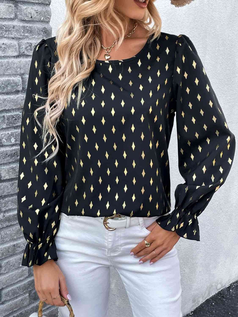 Double Take Printed Round Neck Flounce Sleeve Blouse - AnnieMae21