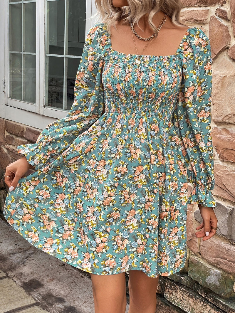 Floral Smocked Flounce Sleeve Square Neck Dress - AnnieMae21