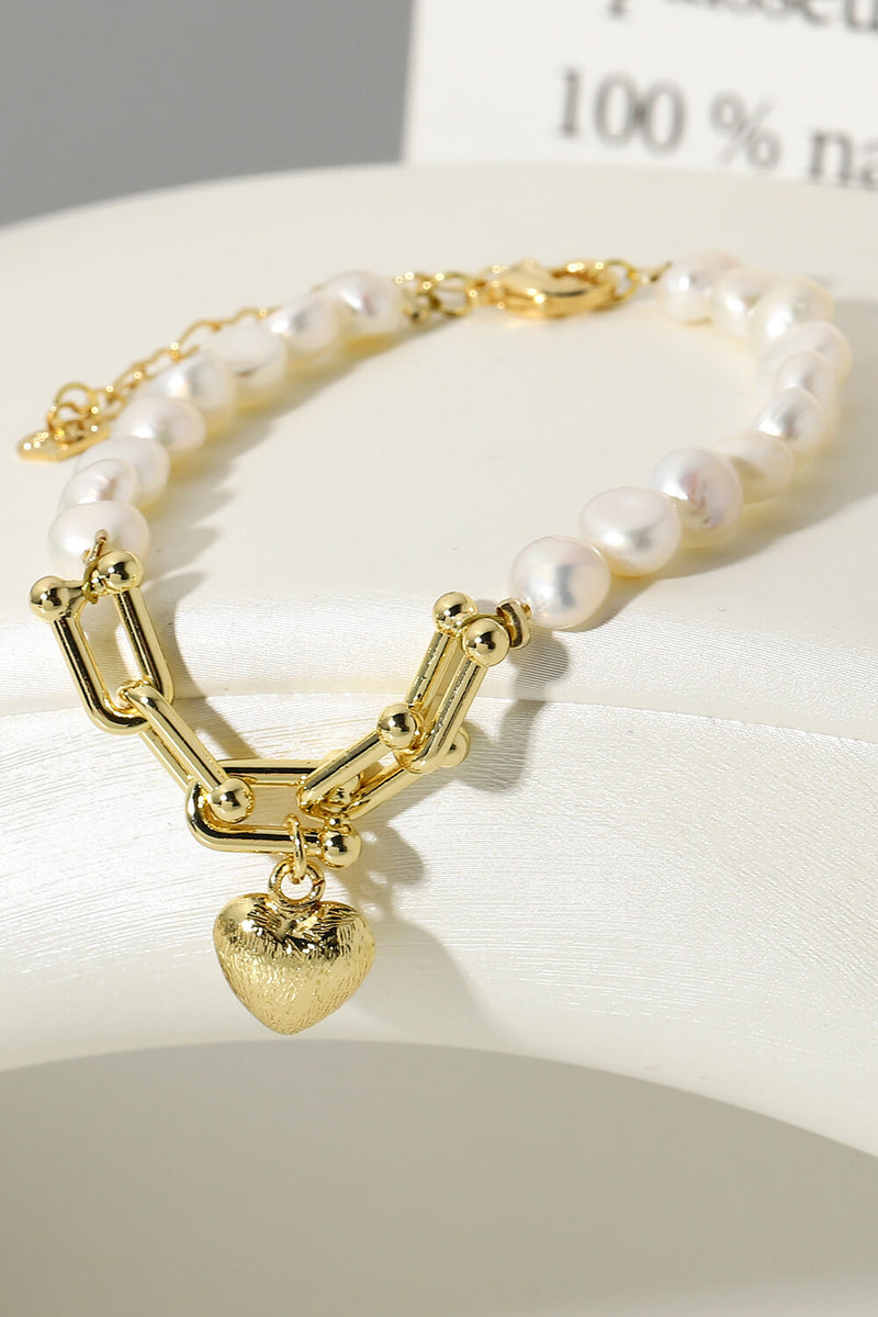 14K Gold Plated Heart Charm Pearl Bracelet - AnnieMae21