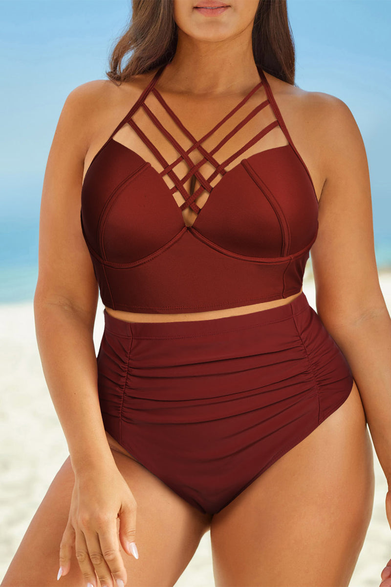 Halter Neck Crisscross Ruched Two-Piece Swimsuit - AnnieMae21