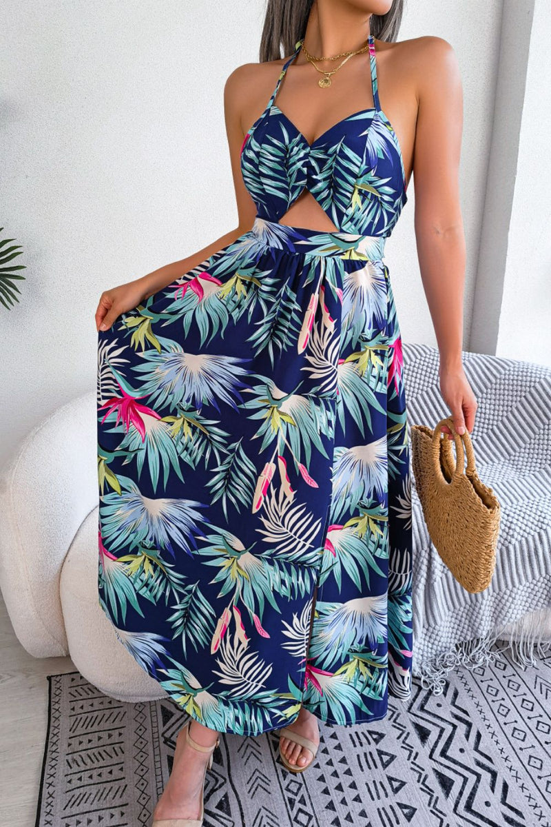 Botanical Print Tied Backless Cutout Slit Dress - AnnieMae21