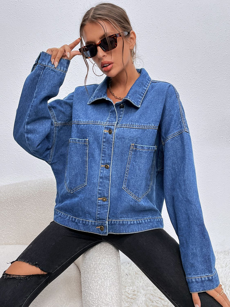 Collared Neck Dropped Shoulder Denim Jacket - AnnieMae21