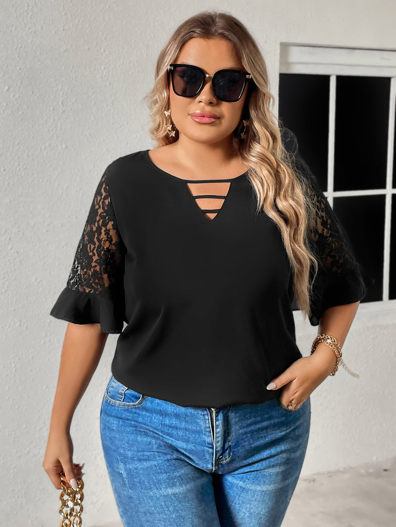 Plus Size Cutout Round Neck Spliced Lace Flounce Sleeve Blouse - AnnieMae21