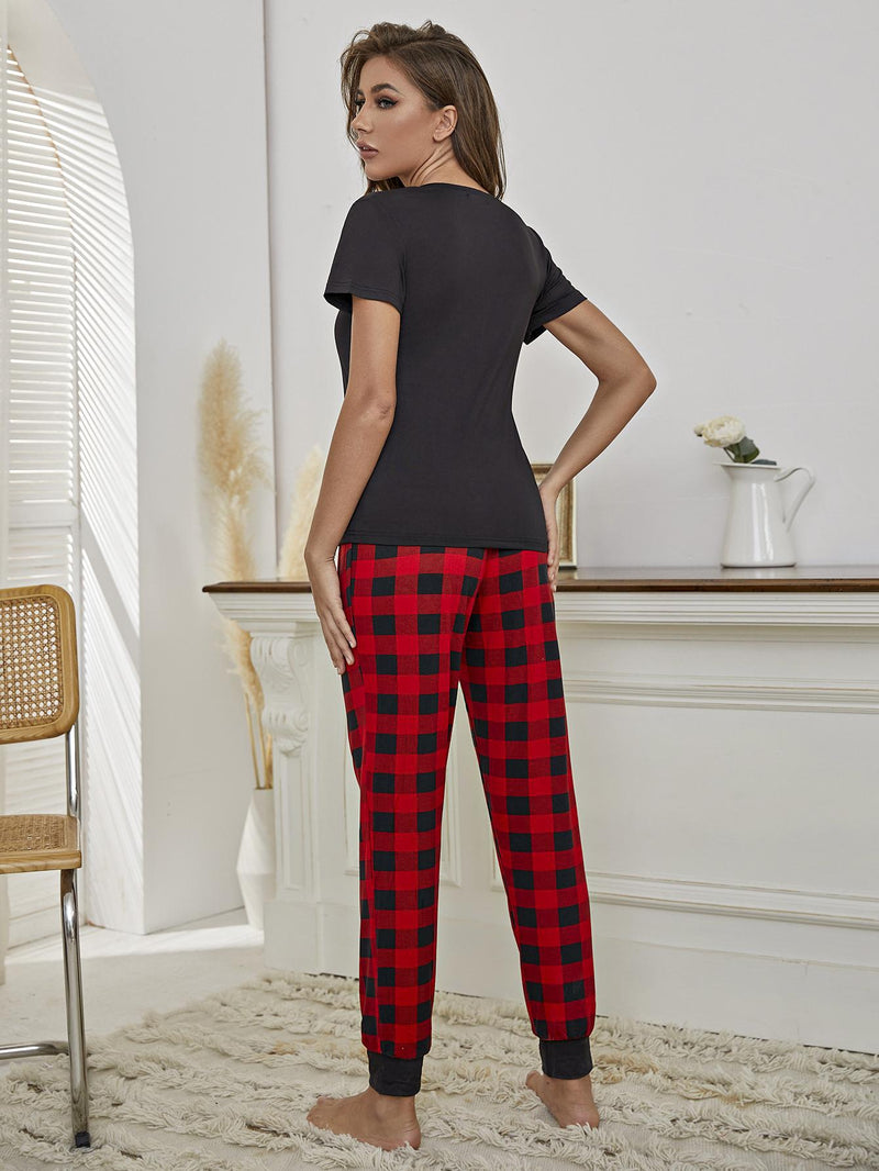 Heart Graphic Tee and Plaid Joggers Lounge Set - AnnieMae21